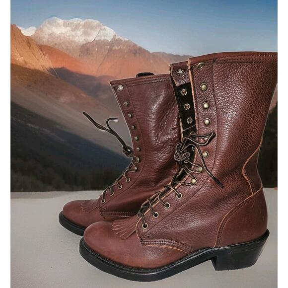 New! Double-H Womens 9 M Boots Kiltie Lace Up Lacer DH9965 Brown Leather Cowgirl - Picture 1 of 11